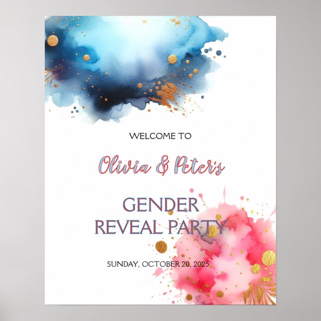 Rosa och Blått Vattenfärg Köns Avslöjande Poster (Framsidan)