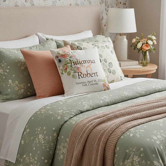 Rosa och blått vattenfärgsglas blommigt bröllop kudde (Skapare uppladdad)