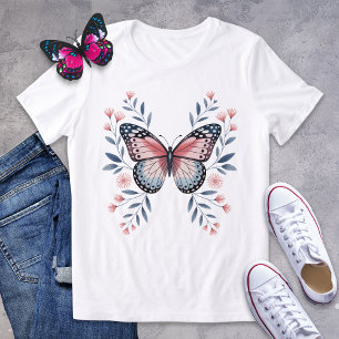 Rosa och Blommigt av blå fjäril T Shirt