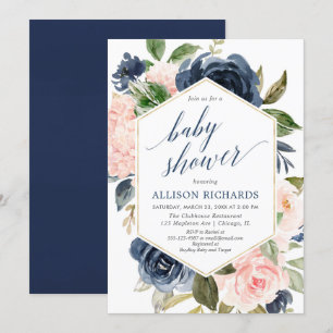  rosa och blommigt för marinblått flickdusch inbjudningar