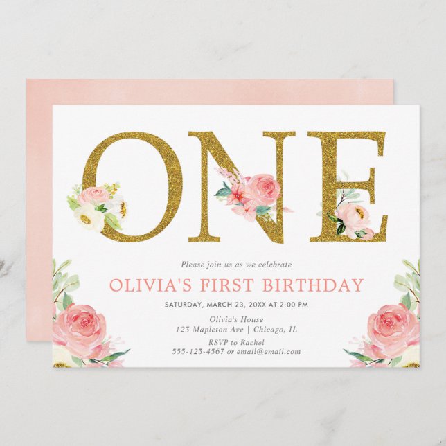  rosa och blommigt i guld inbjudningar (Fram/baksida)