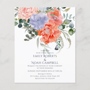 Rosa och Blommigt med blå vattenfärg Bröllop Flygblad