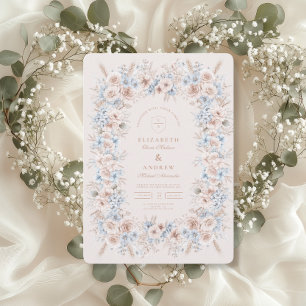  Rosa och Blommigt med blå vattenfärg Bröllop Inbjudningar