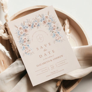  Rosa och Blommigt med blå vattenfärg Bröllop Spara Datumet