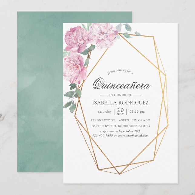  Rosa och  Blommigt Quinceañera Inbjudningar (Fram/baksida)