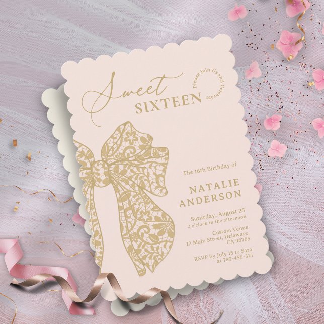  Rosa och Blommigt Snöre Bow Sweet sixteen Inbjudningar (Blush Pink & Gold Floral Lace Bow Sweet Sixteen Invitation)