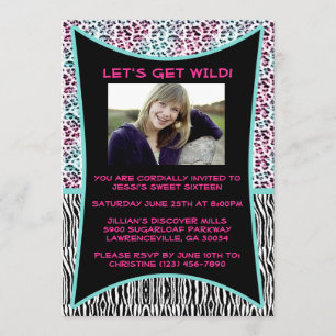 Rosa och Blue Animal Print Sweet 16 Inbjudan
