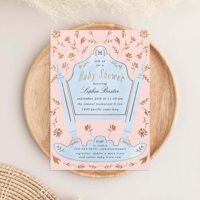 Rosa och Blue Antique Cradle Baby Shower Inbjudningar (Skapare uppladdad)