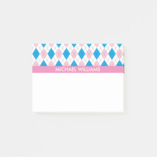 Rosa och Blue Argyle Mönster med Rosa Rand Post-it Block