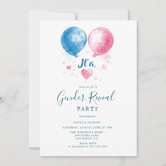 Rosa och Blue ballons Gender Reveal Party Inbjudningar (Framsida)