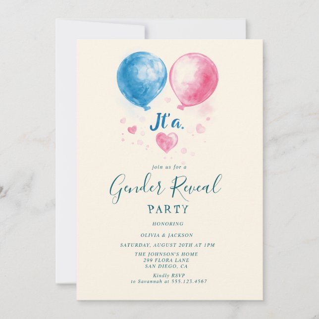 Rosa och Blue ballons Gender Reveal Party Inbjudningar (Framsida)