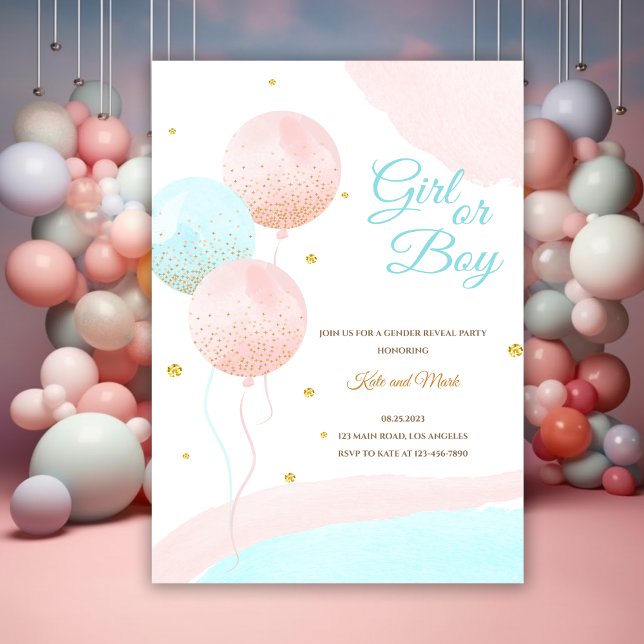 Rosa och Blue Balloons Boy eller Girl Gender Revea Inbjudningar (Skapare uppladdad)