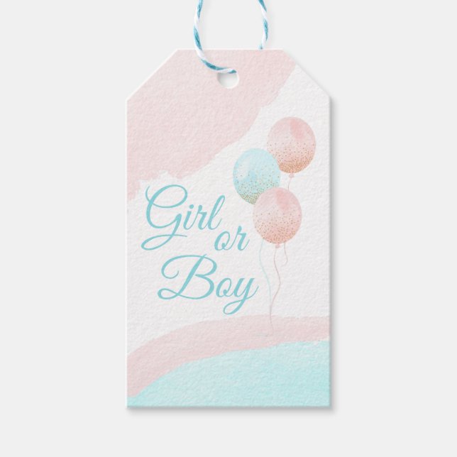 Rosa och Blue Balloons Boy eller Girl Gender Revea Presentetikett (Framsidan)