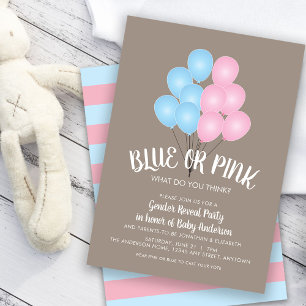 Rosa och Blue Balloons Gender Reveal Party Inbjudningar