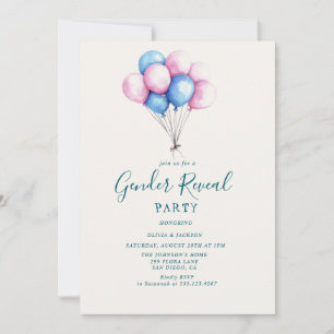 Rosa och Blue Balloons Gender Reveal Party Inbjudningar