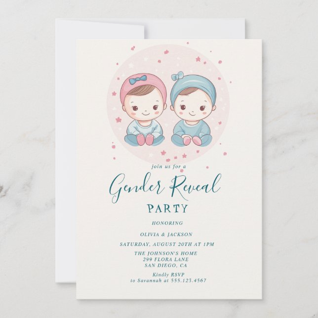 Rosa och Blue Boy eller Girl Gender Reveal Party Inbjudningar (Framsida)