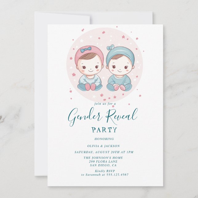 Rosa och Blue Boy eller Girl Gender Reveal Party Inbjudningar (Framsida)