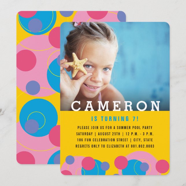 Rosa och Blue Bubbles Photo Girl Födelsedagsfest Inbjudningar (Fram/baksida)