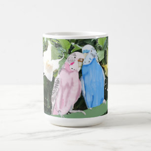 Rosa och Blue Budgerigar mot Angel Trumpets Kaffemugg