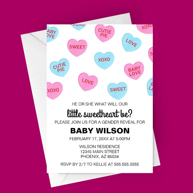 Rosa och Blue Candy Hearts Valentine Gender Reveal Inbjudningar (Candy Hearts Valentine's Day Gender Reveal Party Invitation)