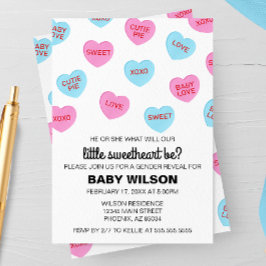 Rosa och Blue Candy Hearts Valentine Gender Reveal Inbjudningar