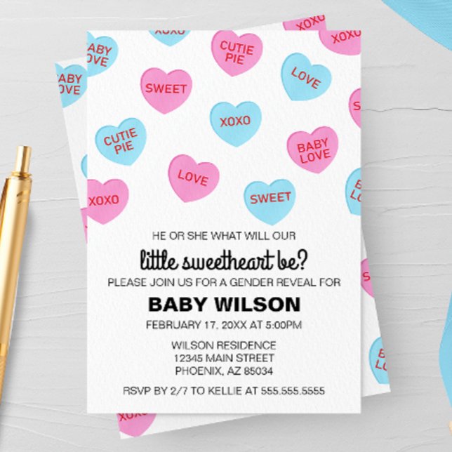 Rosa och Blue Candy Hearts Valentine Gender Reveal Inbjudningar (Skapare uppladdad)