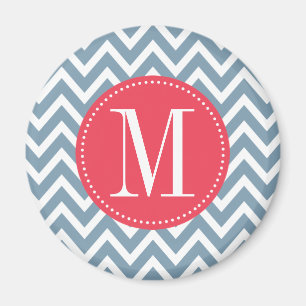 Rosa och Blue Chevron Anpassningsbar Monogram Magnet