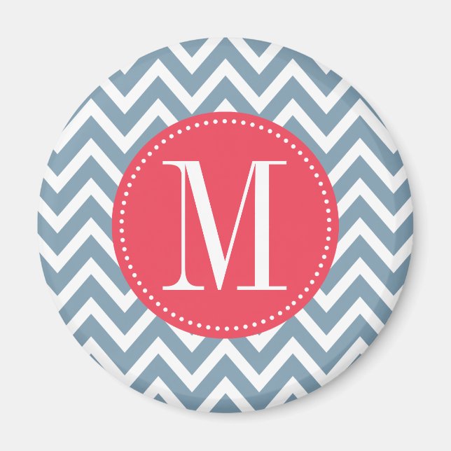 Rosa och Blue Chevron Anpassningsbar Monogram Magnet (Framsidan)