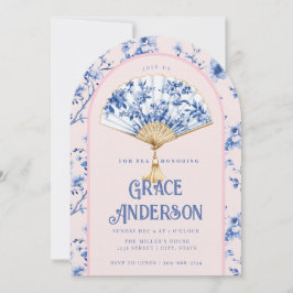 Rosa och Blue Chinoiserie Fläkt | Möhippa Tea Inbjudningar