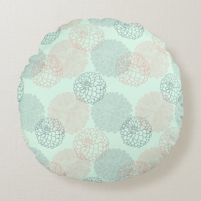 Rosa och Blue Dahlias Round Dekorativ kudde (Framsidan)