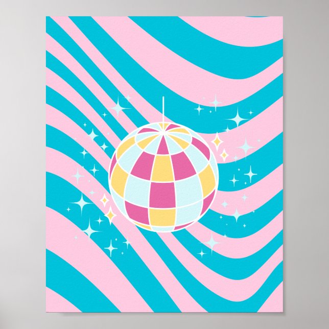 Rosa och Blue Disco Boll, Party Art, Preppy, 80-ta Poster (Framsidan)