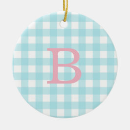 Rosa och Blue Gingham Monogram Julgransprydnad Keramik