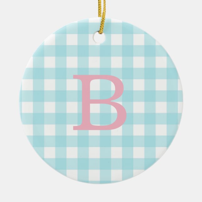 Rosa och Blue Gingham Monogram Julgransprydnad Keramik (Framsidan)