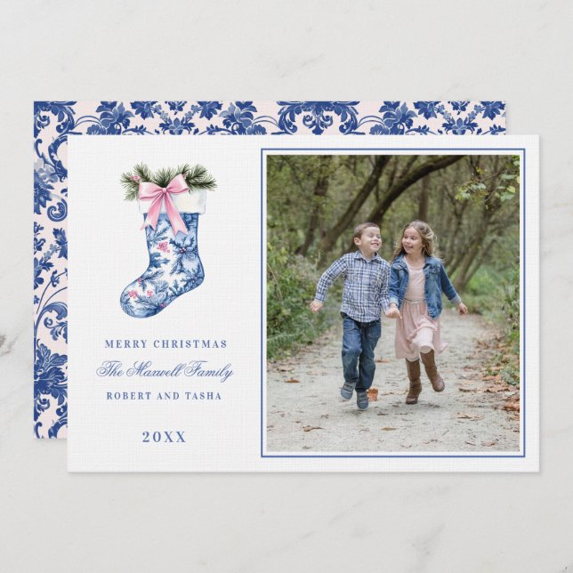 Rosa och Blue GrandMillennium Damask Stockin Photo Inbjudningar (Fram/baksida)