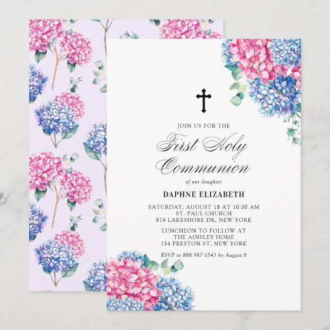 Rosa och Blue Hydrangeas First Heliga Communion Inbjudningar (Fram/baksida)
