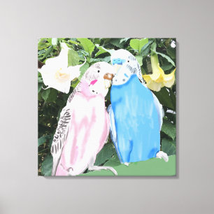 Rosa- och Blue Kissing Budgies och Angel Trumpets Canvastryck