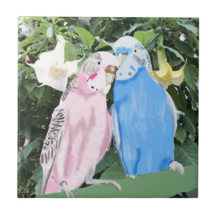 Rosa- och Blue Kissing Budgies och Angel Trumpets Kakelplatta