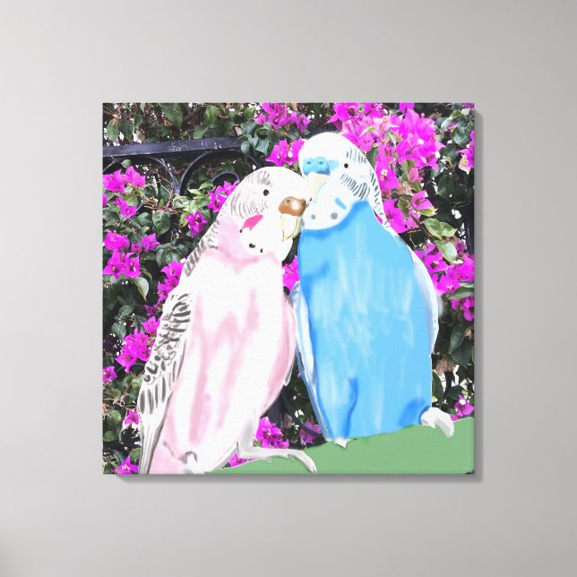 Rosa och Blue Kissing Budgies och Bougainvillea Canvastryck (Framsida)