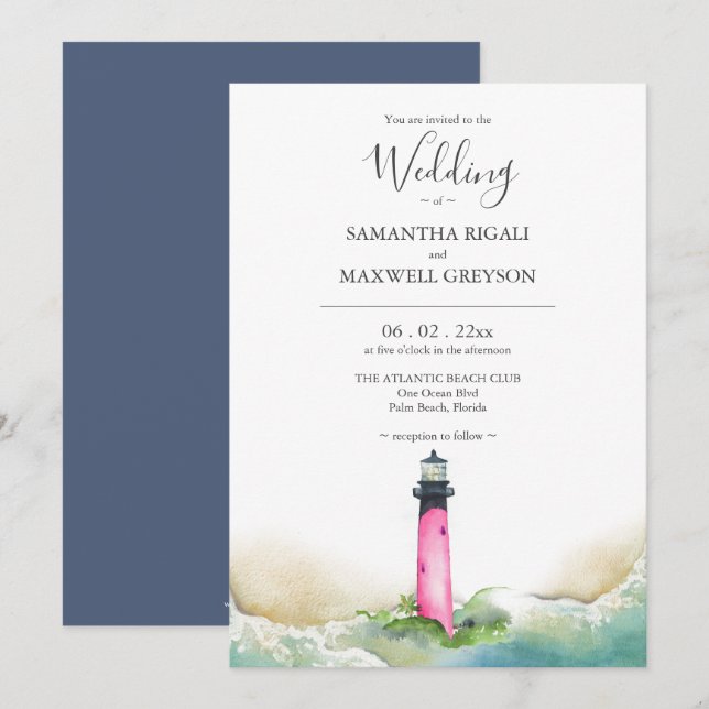 Rosa och Blue Lighthouse Beach Destination Wedding Inbjudningar (Fram/baksida)