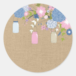 Rosa och Blue Mason Burk Faux Burlap Sticker Runt Klistermärke