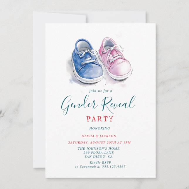 Rosa och Blue neakers Gender Reveal Party Inbjudningar (Framsida)