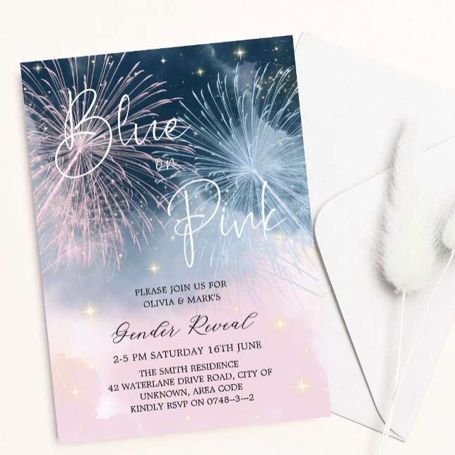 Rosa och Blue Night Himlar Firecracker Gender Reve Inbjudningar (Skapare uppladdad)