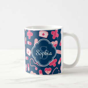 Rosa och Blue Nurse Mönster med Monogram Kaffemugg