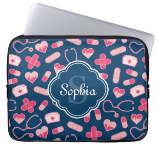 Rosa och Blue Nurse Mönster med Monogram Laptop Fodral