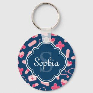 Rosa och Blue Nurse Mönster med Monogram Nyckelring