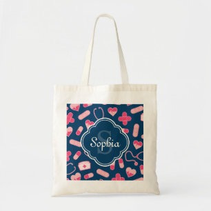 Rosa och Blue Nurse Mönster med Monogram Tygkasse