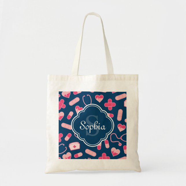 Rosa och Blue Nurse Mönster med Monogram Tygkasse (Framsidan)