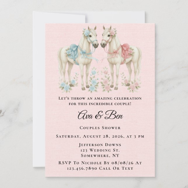 Rosa och Blue Pastel Flowers Horse Par Shower Inbjudningar (Framsida)