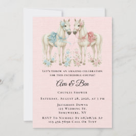 Rosa och Blue Pastel Flowers Horse Par Shower Inbjudningar