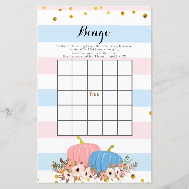 Rosa och Blue Pumpkin Baby Shower Bingo Game (Framsida)